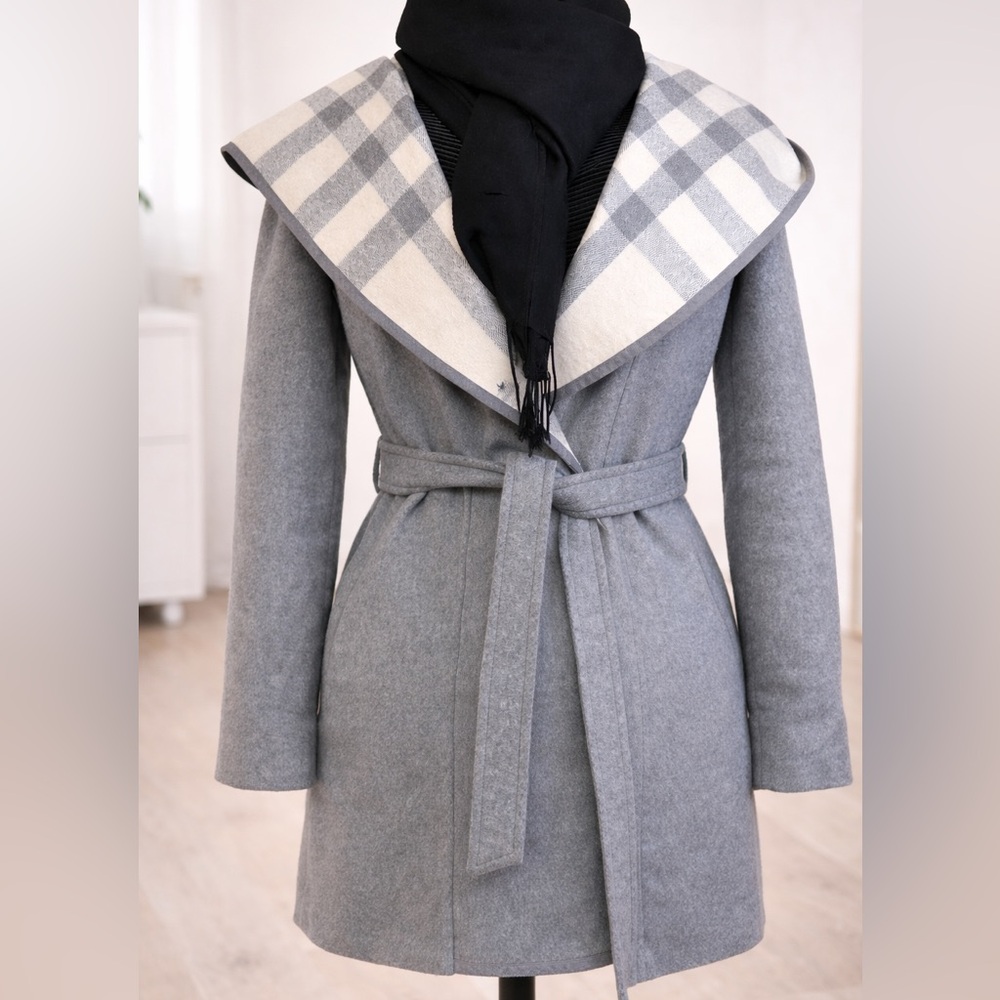 DKNY Gray Trench Coat with Plaid Collar